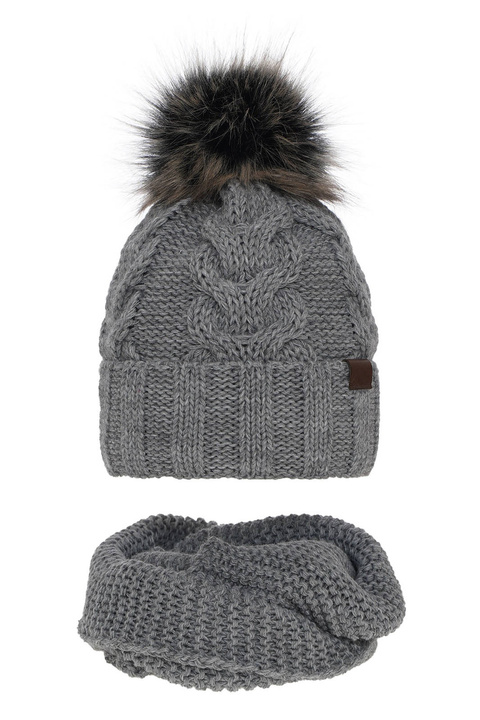 Flicka vinter set: mössa och tubhalsduk, grå, med pompom, Torina