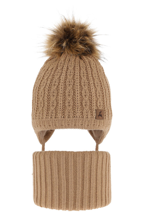 Pojke vinter set: mössa och tubhalsduk, camel, med pompom, Pago