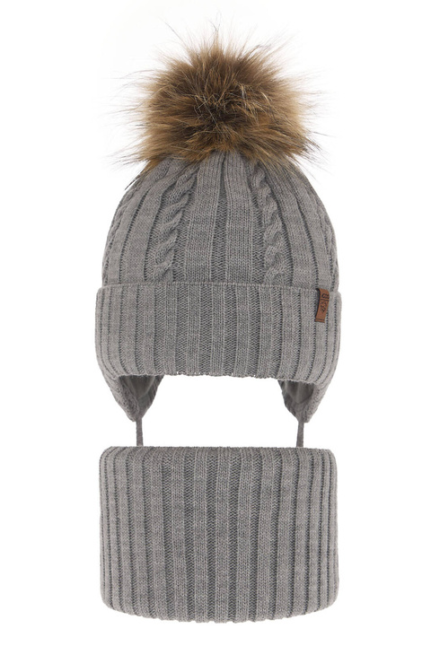 Pojke vinter set: mössa och halsduk, grå, med pompom, Peter