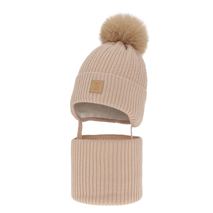 Flicka vinter set: mössa och tubhalsduk, beige, med pompom, Betty