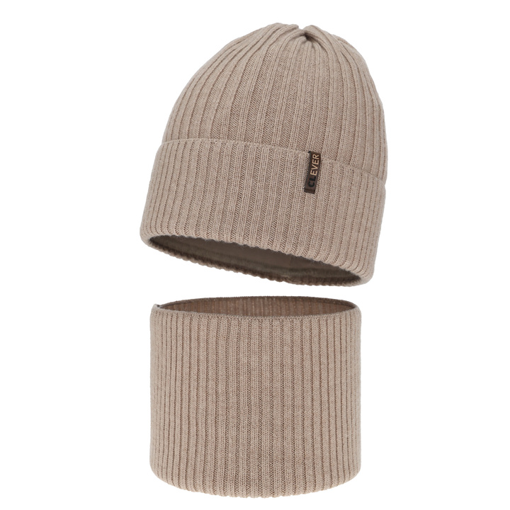 Pojke vinter set: mössa och halsduk, beige, 100% Merino Ull, Gizmo