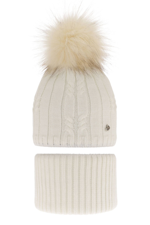Flicka vinter set: mössa och tubhalsduk, creme, med pompom, Amaltea