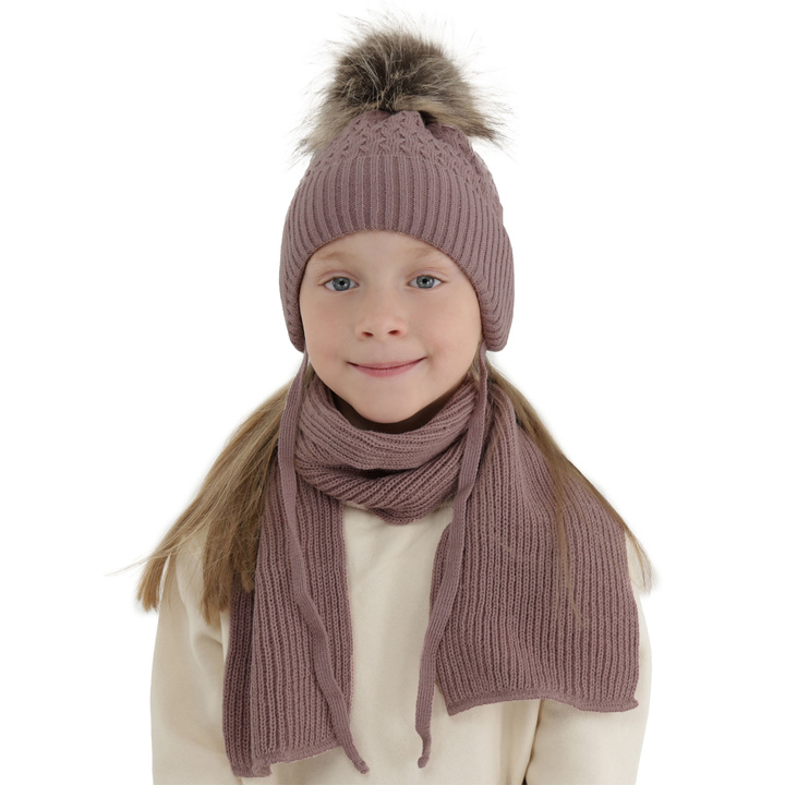 Flicka vinter set: mössa och halsduk, lila, med pompom, med knytband, Zelta