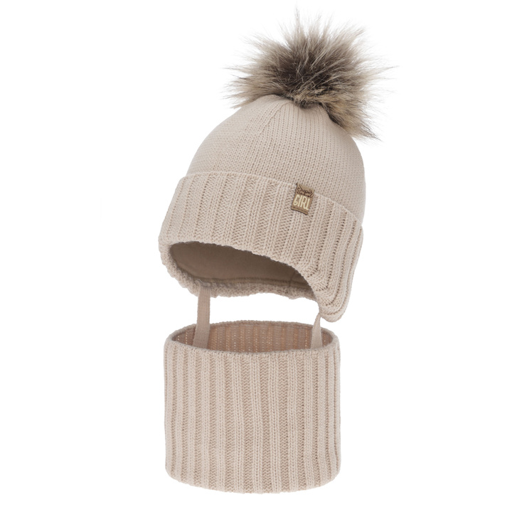 Flicka vinter set: mössa och tubhalsduk, beżowy, med pompom, Primula