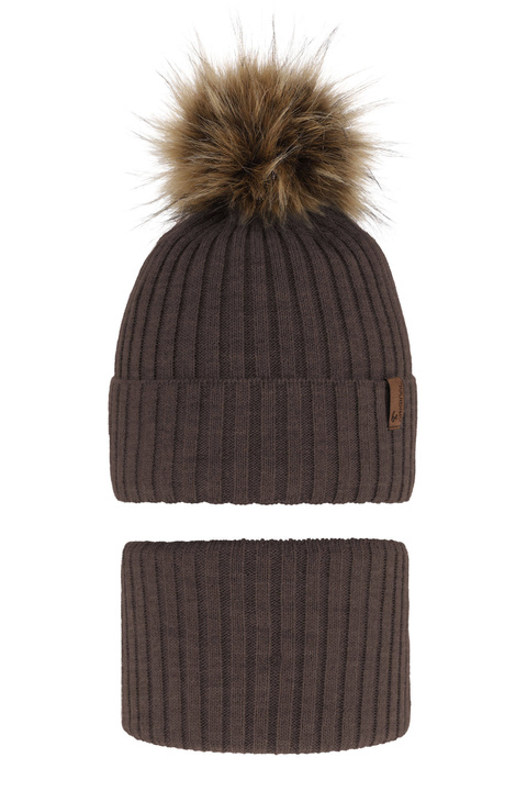 Pojke vinter set: mössa och tubhalsduk, brun, med pompom, Onyks