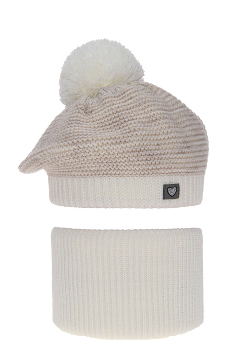 Flicka vinter set: mössa och halsduk, beige, med pompom, Lira