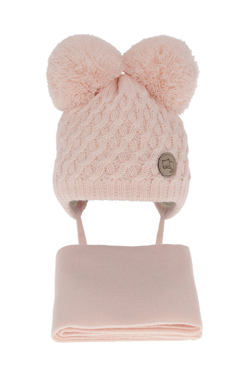 Flicka vinter set: mössa och halsduk, ljusrosa, med två pompommar, knytband, Anava