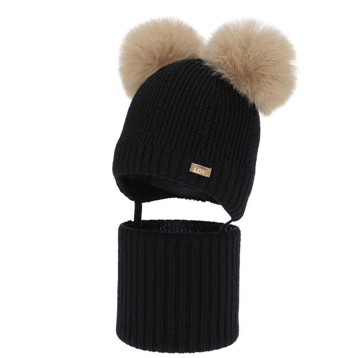 Flicka mössa och tubscarf, vinter set, svart, 100% merinull, fodrad med ullfleece, Lumia