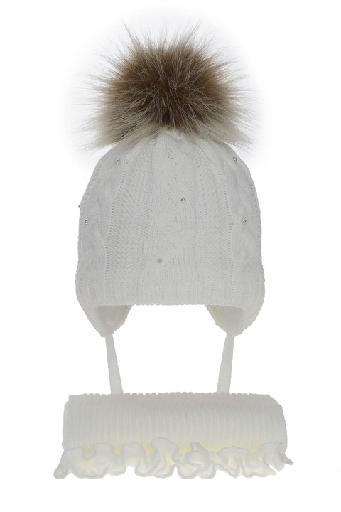 Flicka vinter set: mössa och halsduk, vit, med pompom, Mirella