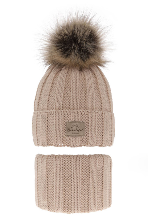 Flicka vinter set: mössa och tubhalsduk, beige, med pompom, Kaliope