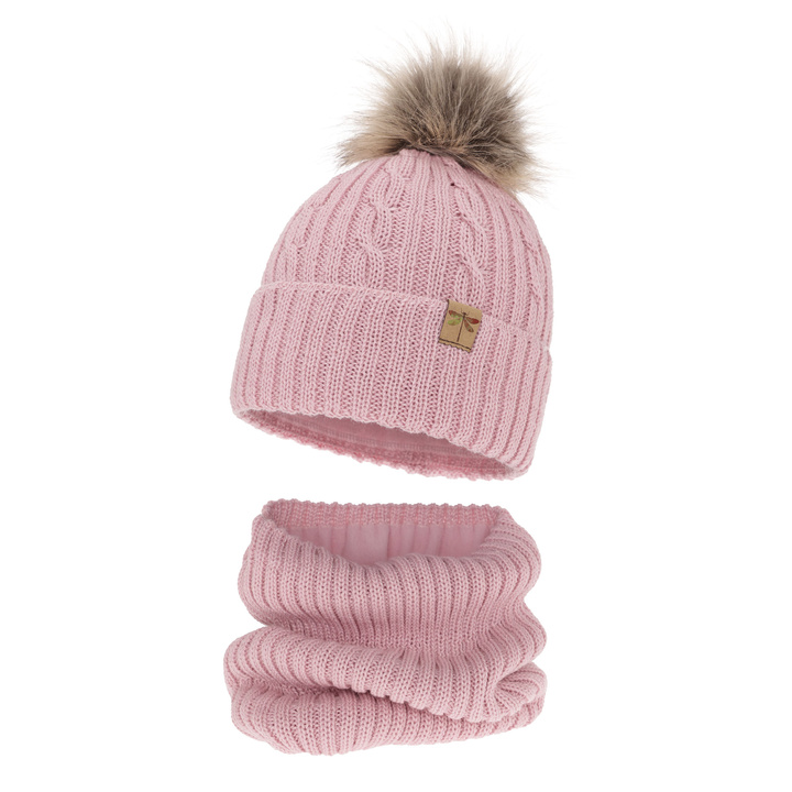 Flicka vinter set: mössa och tubhalsduk, rosa, med pompom, Aprilia