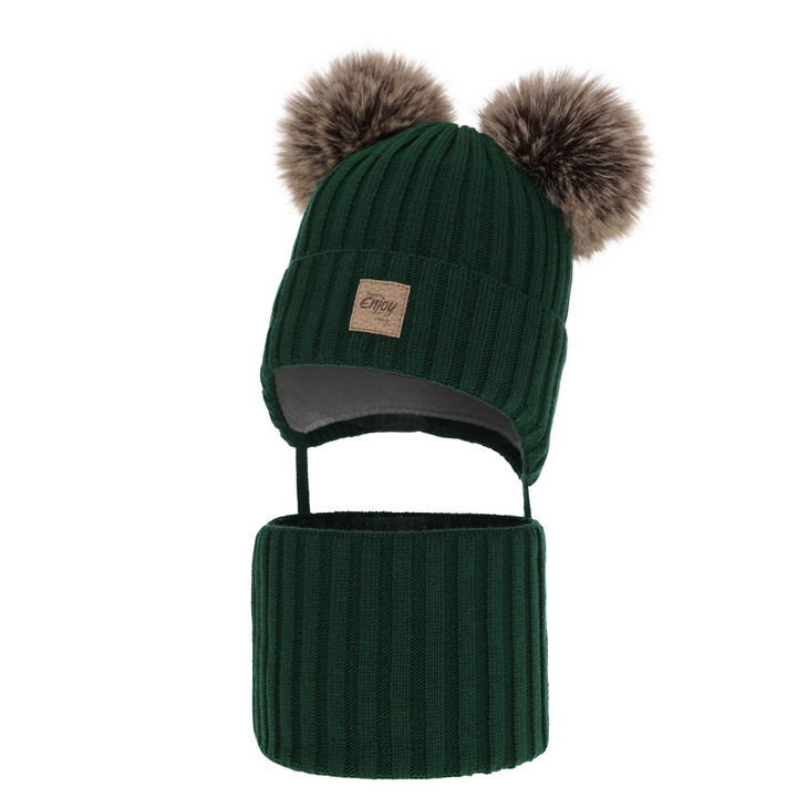 Pojke vinter set: mössa och tubhalsduk, grön, med två pompommar, knytband, Orange