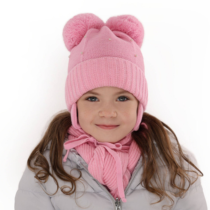 Flicka vinter set: mössa och halsduk, rosa, med två pompommar, Fibien