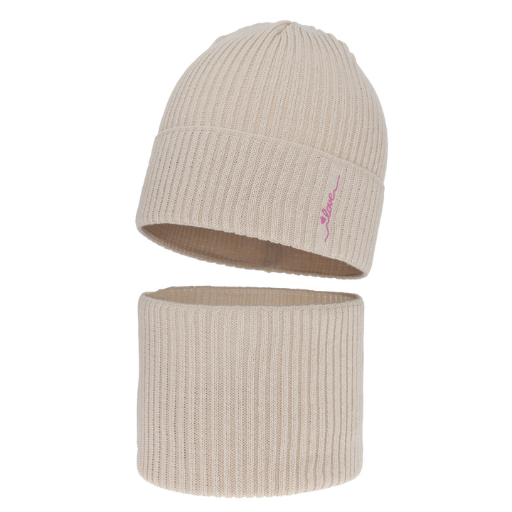Flicka höst/vår set: mössa och tubhalsduk, beige, med bomull, Elvara