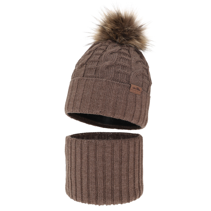 Pojke vinter set: mössa och tubhalsduk, brun, med pompom, Cent