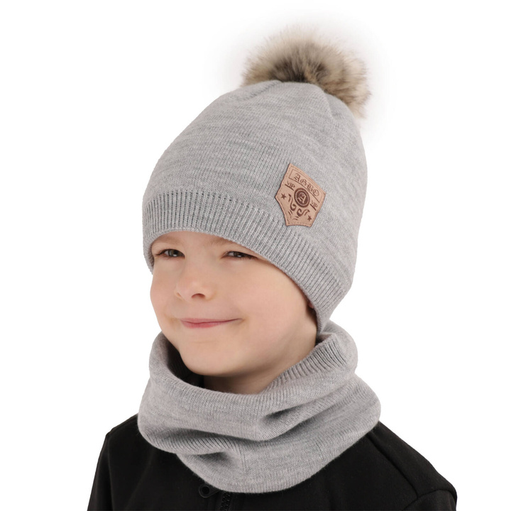 Pojke vinter set: mössa och tubhalsduk, grå, med pompom, Apolin
