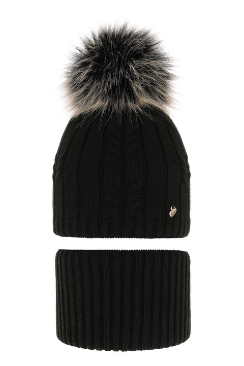 Flicka vinter set: mössa och tubhalsduk, svart, med pompom, Amaltea