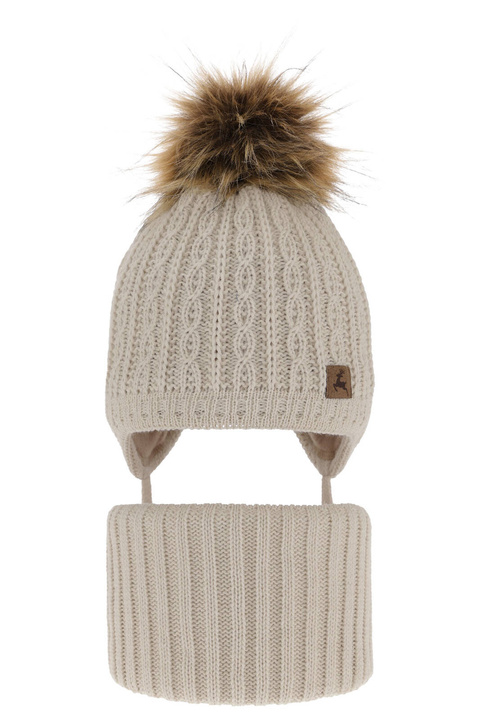 Pojke vinter set: mössa och tubhalsduk, beige, med pompom, Pago