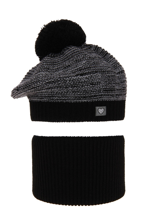 Flicka vinter set: mössa och halsduk, svart, med pompom, Lira