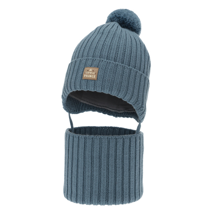 Pojke vinter set: mössa och tubhalsduk, blå, 100% Merino Ull, fodrad med bomull, med knytband, Masil
