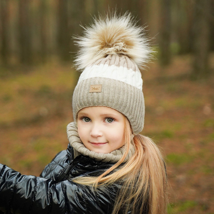 Flicka vinter set: mössa och tubhalsduk, beige, med pompom, Riviera