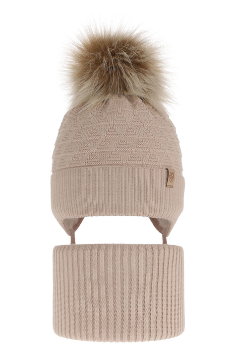 Flicka vinter set: mössa och halsduk, beige, med pompom, Egeria