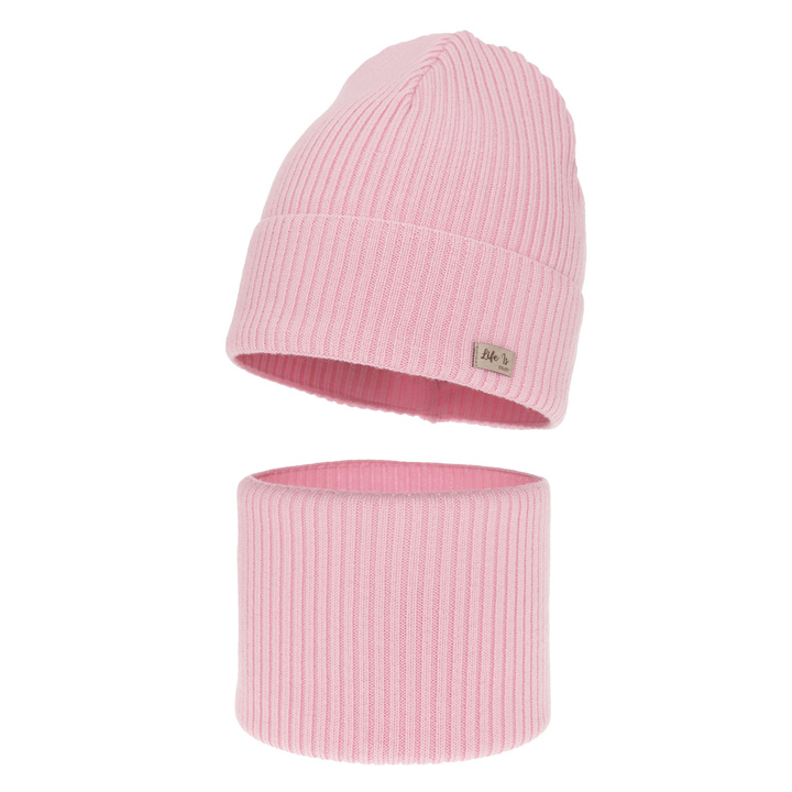 Flicka höst/vår set: mössa och tubhalsduk, rosa, 100% Merino Ull, Itra