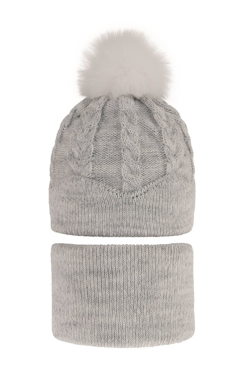 Flicka vinter set: mössa och tubhalsduk, grå, med pompom, Etula