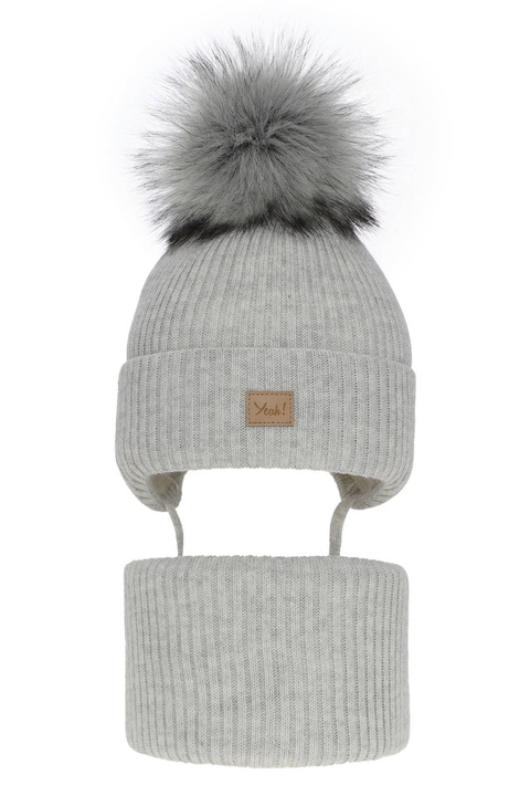 Flicka vinter set: mössa och tubhalsduk, grå, med pompom, Dilajla