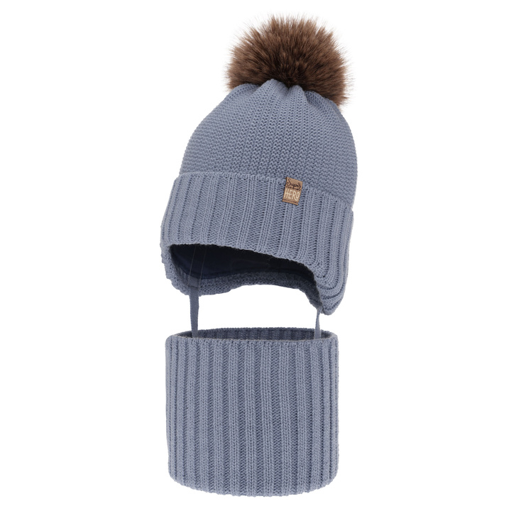 Pojke vinter set: mössa och tubhalsduk, ljusblå, med pompom, knytband, Kayen