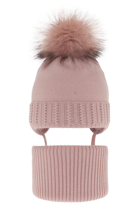 Flicka vinter set: mössa och tubhalsduk, rosa, med pompom, Renia