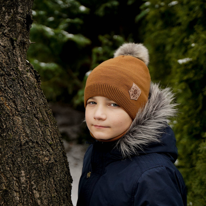 Pojke vinter set: mössa och tubhalsduk, camel, med pompom, Apolin
