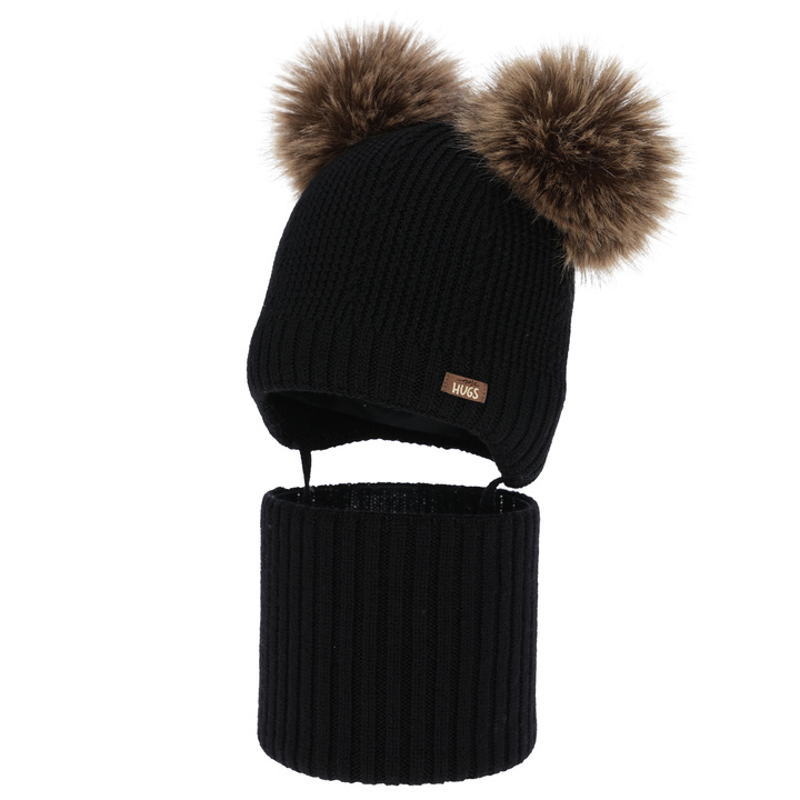 Pojke mössa och tubscarf, vinter set, svart, 100% merinull, fodrad med ullfleece, Lumio