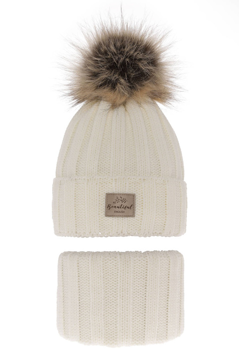 Flicka vinter set: mössa och halsduk, kremowy, med pompom, Kaliope