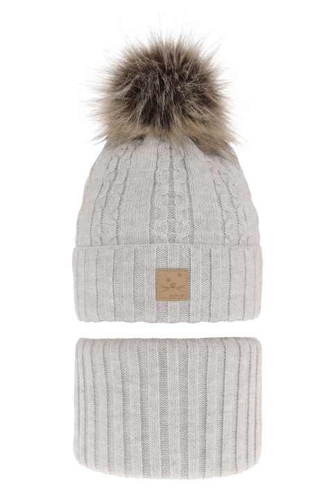 Flicka vinter set: mössa och tubhalsduk, grå, med pompom, Alexia