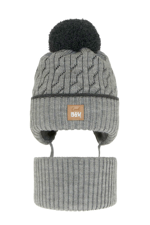 Pojke vinter set: mössa och tubhalsduk, grå, med pompom, knytband, Pikolo