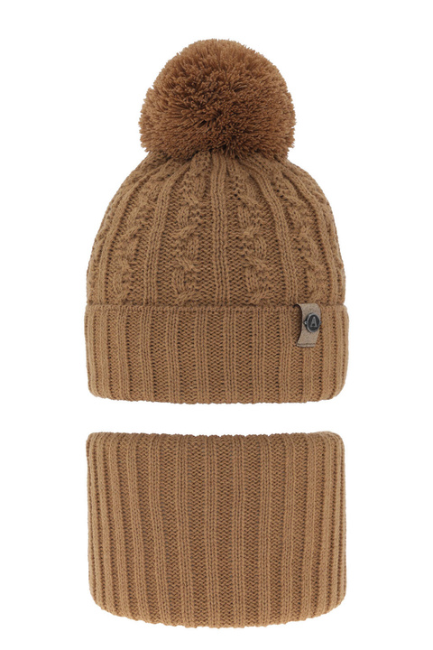 Pojke vinter set: mössa och halsduk, camel, med pompom, Almond
