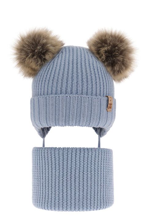 Pojke vinter set: mössa och tubhalsduk, blå, med knytband, 100% Merino Ull, Konor