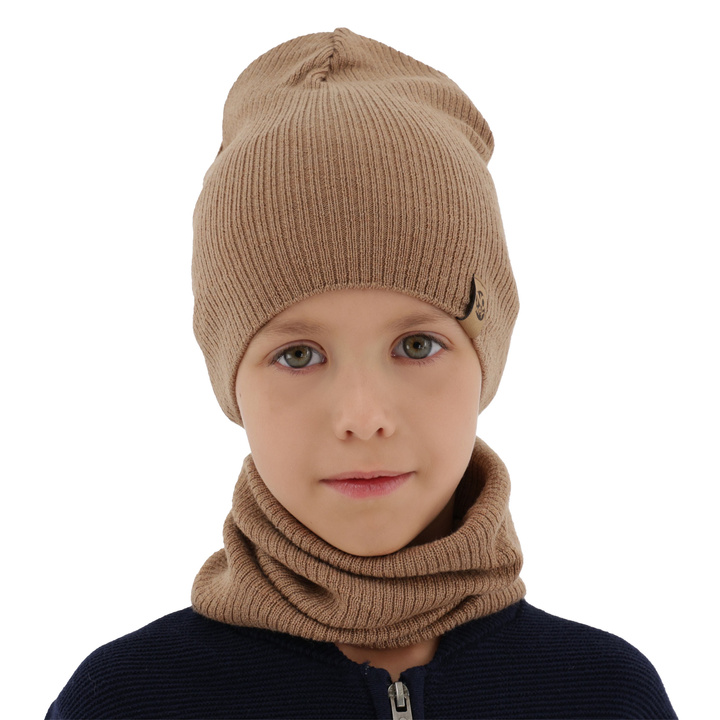Pojke höst/vår set: mössa och tubhalsduk, camel, 100% Merino Ull, Richi