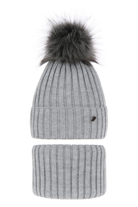 Flicka vinter set: mössa och tubhalsduk, grå, med pompom, Wilma