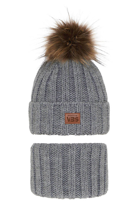 Pojke vinter set: mössa och halsduk, grå, med pompom, Remes