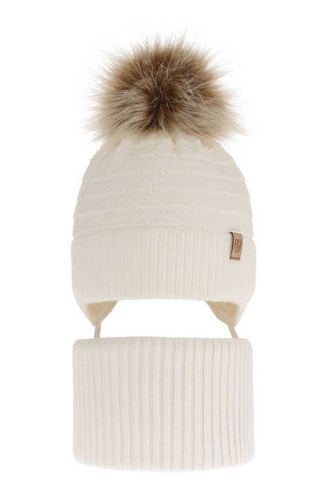 Flicka vinter set: mössa och halsduk, kremowy, med pompom, Egeria