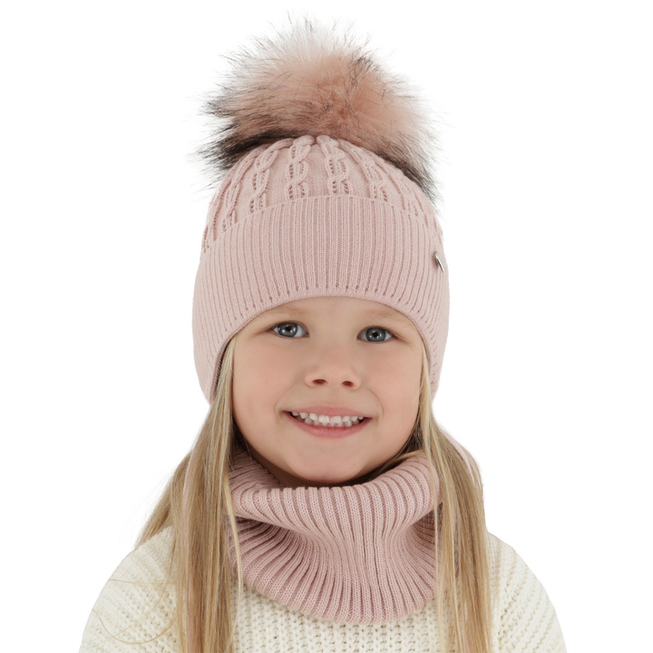 Flicka vinter set: mössa och tubhalsduk, rosa, med pompom, Tukana