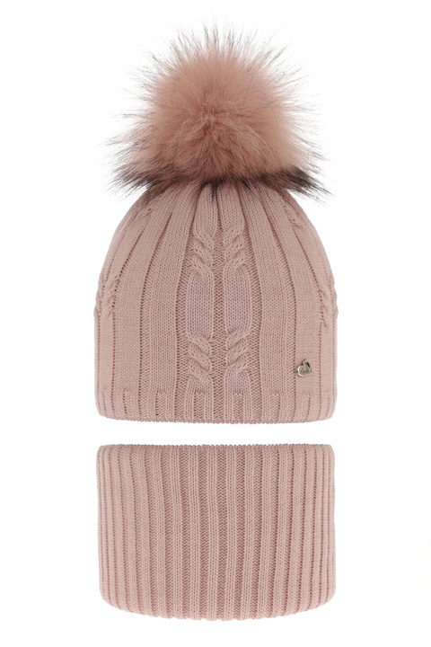 Flicka vinter set: mössa och tubhalsduk, rosa, med pompom, Amaltea
