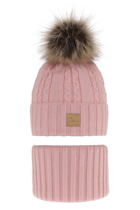 Flicka vinter set: mössa och halsduk, rosa, med pompom, Alexia
