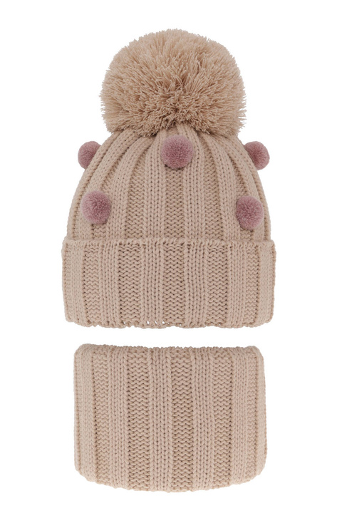 Flicka vinter set: mössa och tubhalsduk, beige, med pompom, Hekate