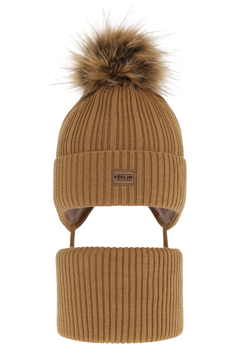 Pojke vinter set: mössa och tubhalsduk, camel, med pompom, knytband, Eger