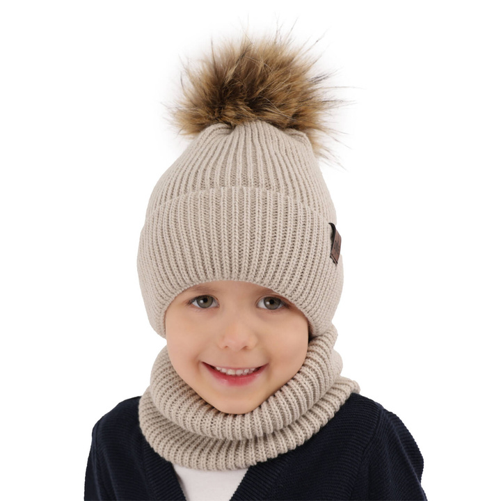 Pojke vinter set: mössa och halsduk, beige, med pompom, Modus