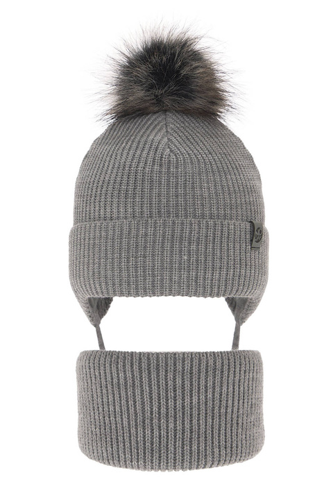 Pojke vinter set: mössa och halsduk, grå, med pompom, wiązany, Honed