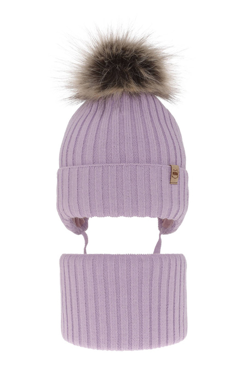 Flicka vinter set: mössa och tubhalsduk, lila, med pompom, knytband, Louisa